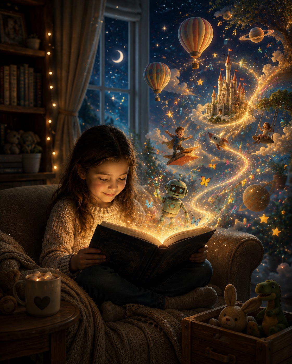 A child reading by lamplight, the story rising off the page around her